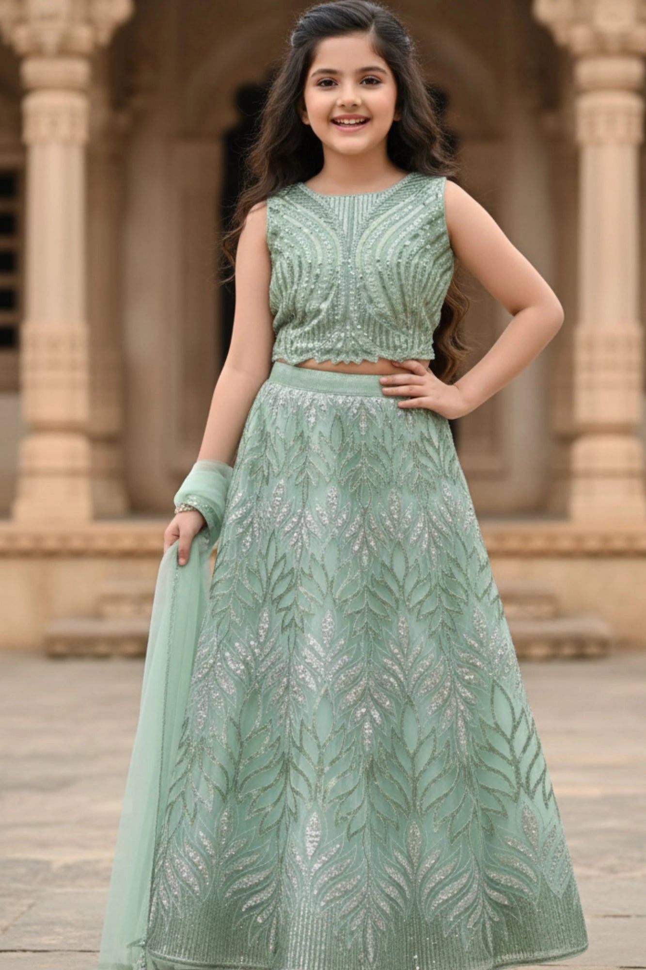 Mint Green Embroidered Lehenga Choli Set For Girls