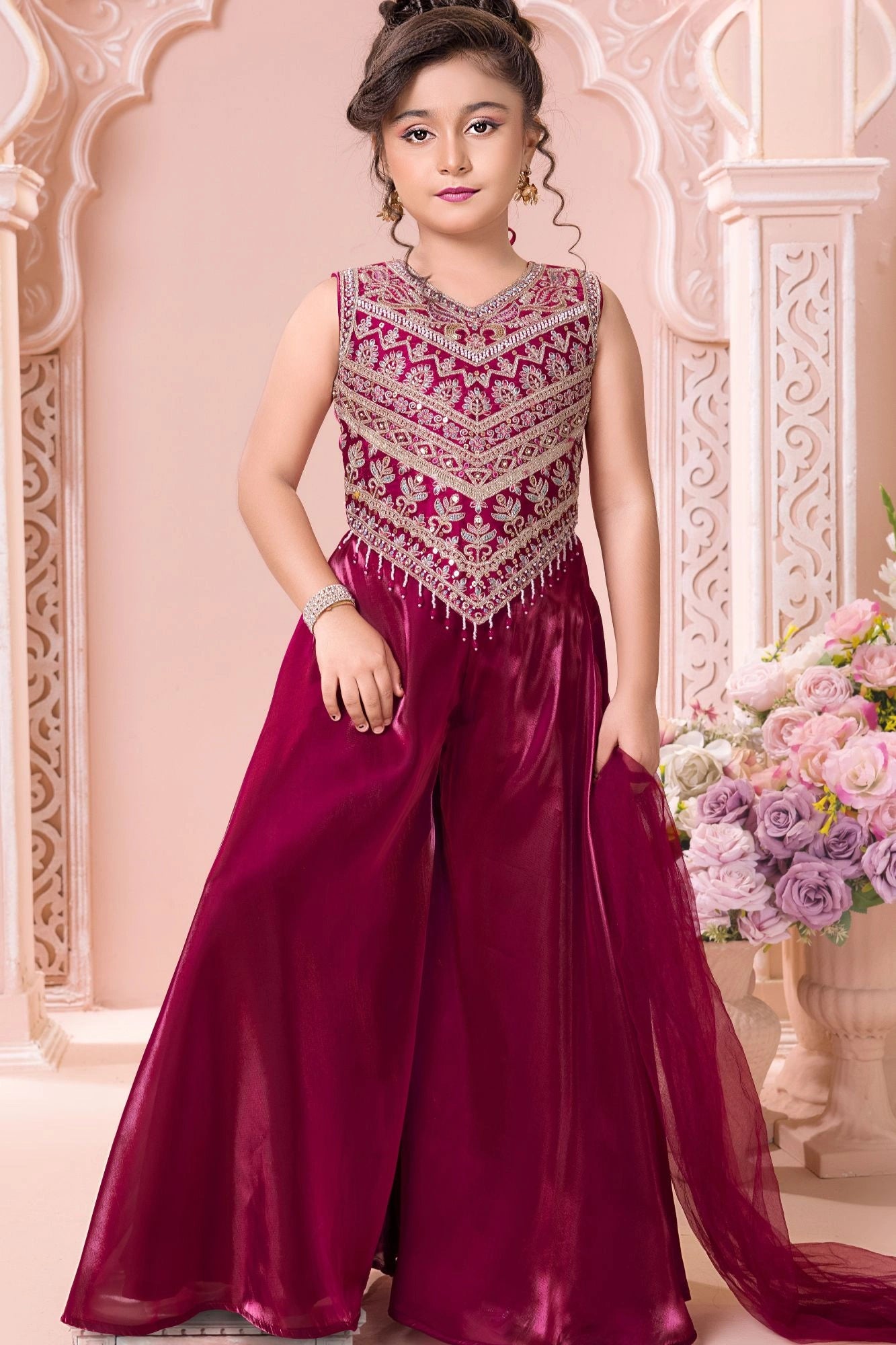 Maroon Embroidered Palazzo Set For Girls