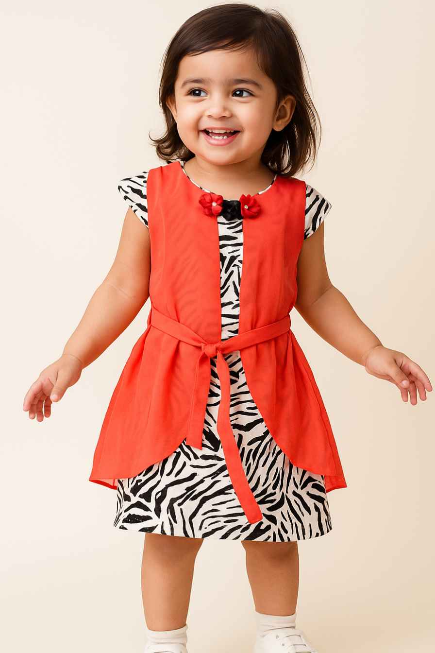 Black And White Zebra Print Dress with Orange Overlay & Floral Neck Detail For Girls