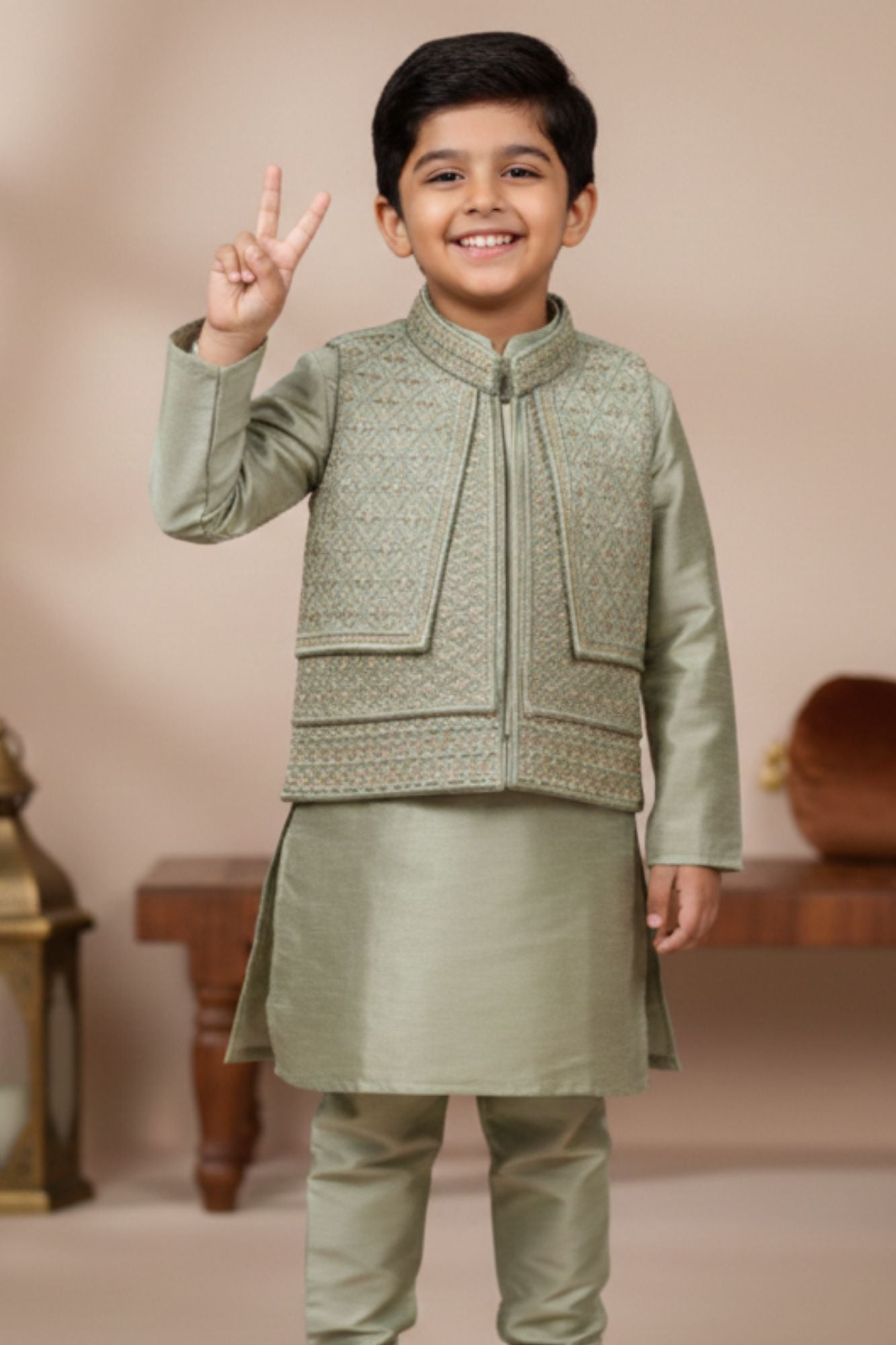 Pista Green Embroidered Kurta Pajama Set with Ethnic Jacket for Boys