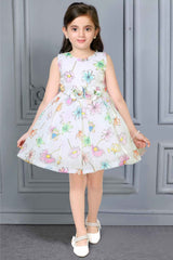 Cream Sleeveless Floral Printed Frock With Flower Embellishment For Girls