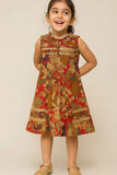 Red Multicolor Pleated Sequins Embroidered Floral Dress For Girls