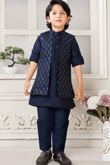 Classic Navy Blue Kurta Set With Overcoat For Boys