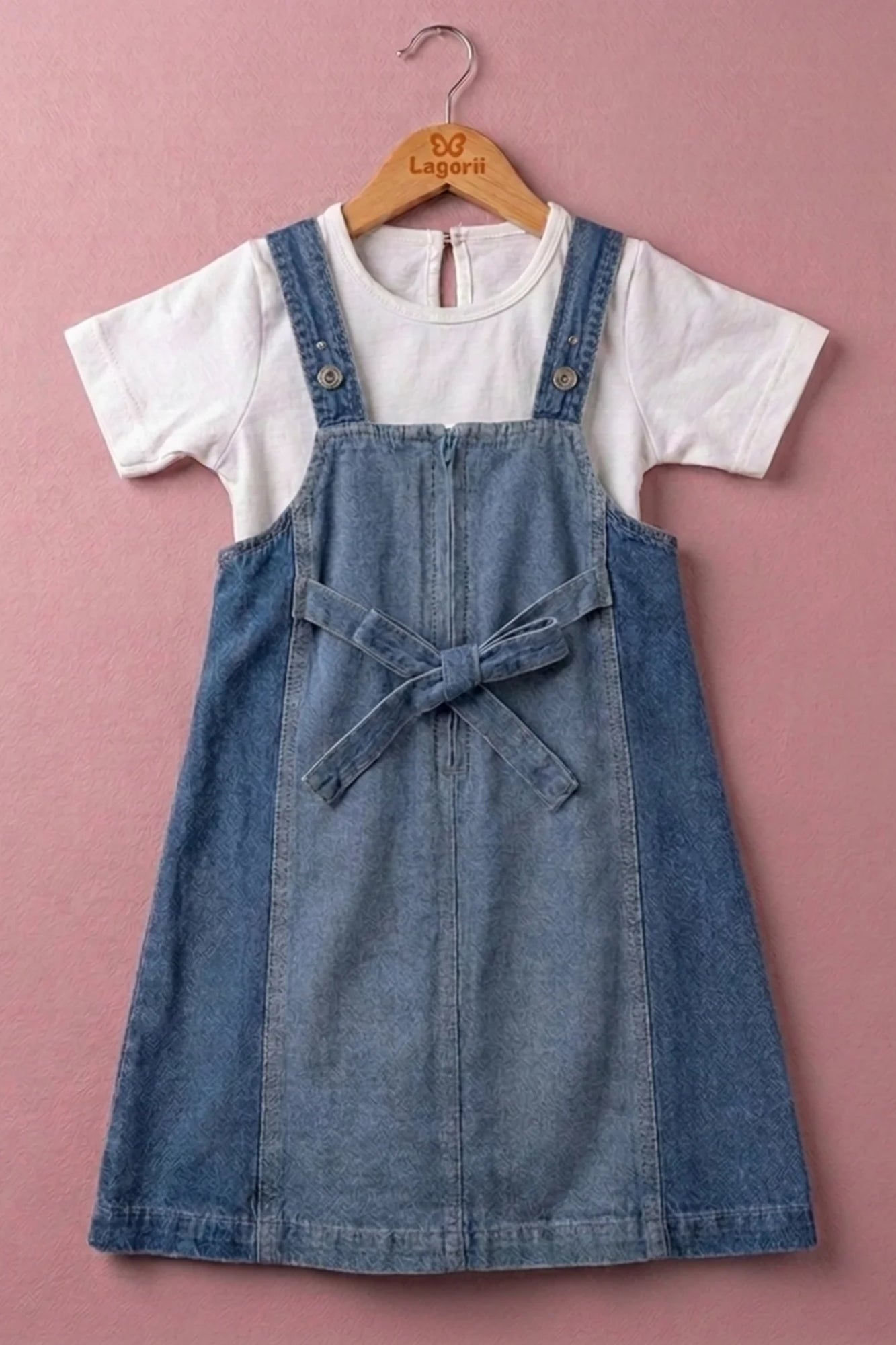 Girls Blue Denim Dungaree Dress with White Tee