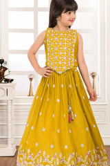 Mustard Sequins Work With Embroidered Lehenga Choli For Girls