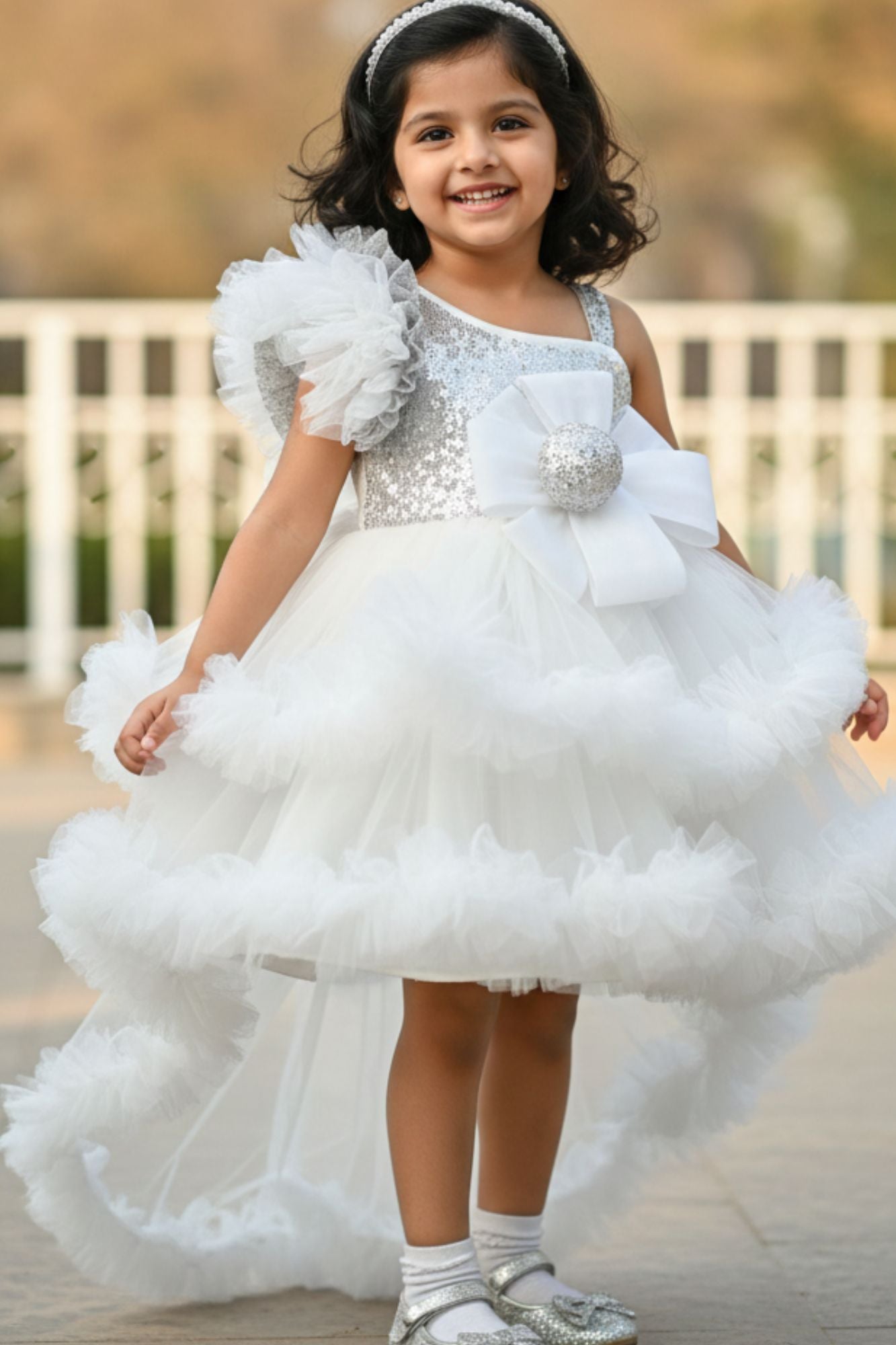 White One-Shoulder Sequin Party Frock with Layered Tulle For Girls