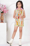 Multicolor Striped Button Down Overcoat With Top And Shorts Set For Girls