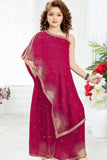 Designer Rani Pink Embellished One-Shoulder Palazzo Set For Girls