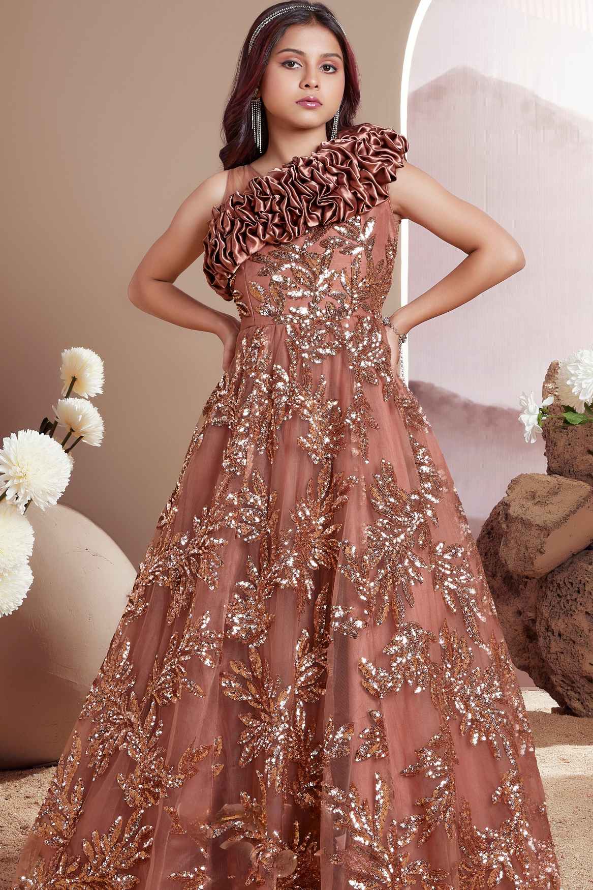 Elegant Bronze Brown Sequined Partywear Gown For Girls