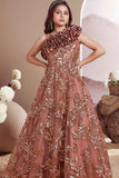 Elegant Bronze Brown Sequined Partywear Gown For Girls