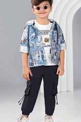 Blue Printed Hoodie With White T-Shirt And Pant Set For Boys