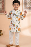 White Printed Kurta Pyjama Set with Elephant Motifs For Boys