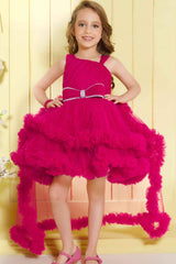 Raspberry Pink Ruffle Party Frock With Bow Embellishment For Girls