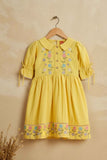 Bright Yellow Floral Embroidered Cotton Dress with Puff Sleeves For Girls