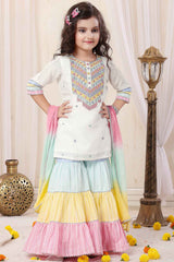 White Embroidered Top With Multicolor Sharara Set For Girls