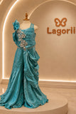 Girls Teal Blue Sequin Embellished Draped Sharara Set
