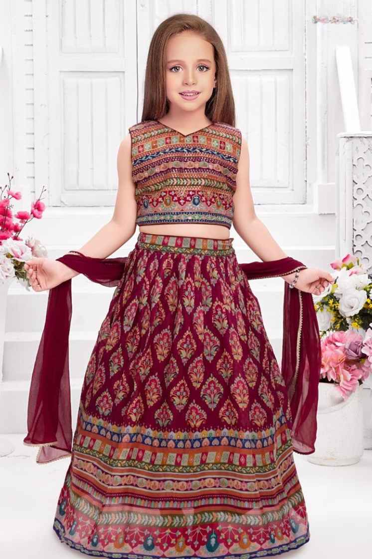 Maroon Ethnic Printed Lehenga Choli Set for Girls