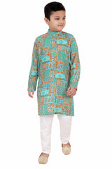 Ethnic Green Jaipuri Printed Kurta And White Bottom Set For Boys