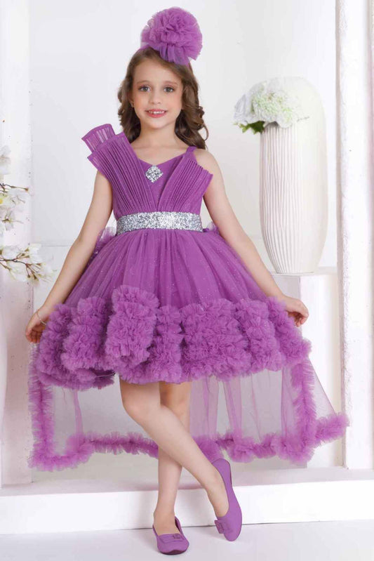 Purple Ruffle Party Frock With Bow Embellishment For Girls