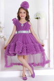 Purple Ruffle Party Frock With Bow Embellishment For Girls