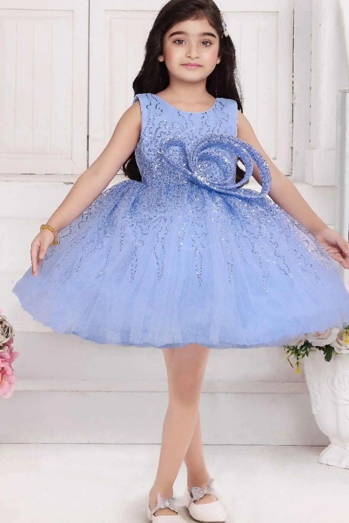 Blue Bow Embellishments Party Wear Frock For Girls