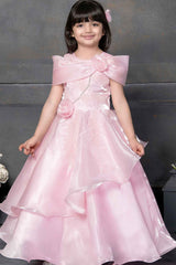 Designer Pink Satin Sequin And Floral Embellished Gown For Girls