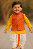 Yellow Kurta with Orange Block Printed Nehru Jacket & White Dhoti Set For Boys