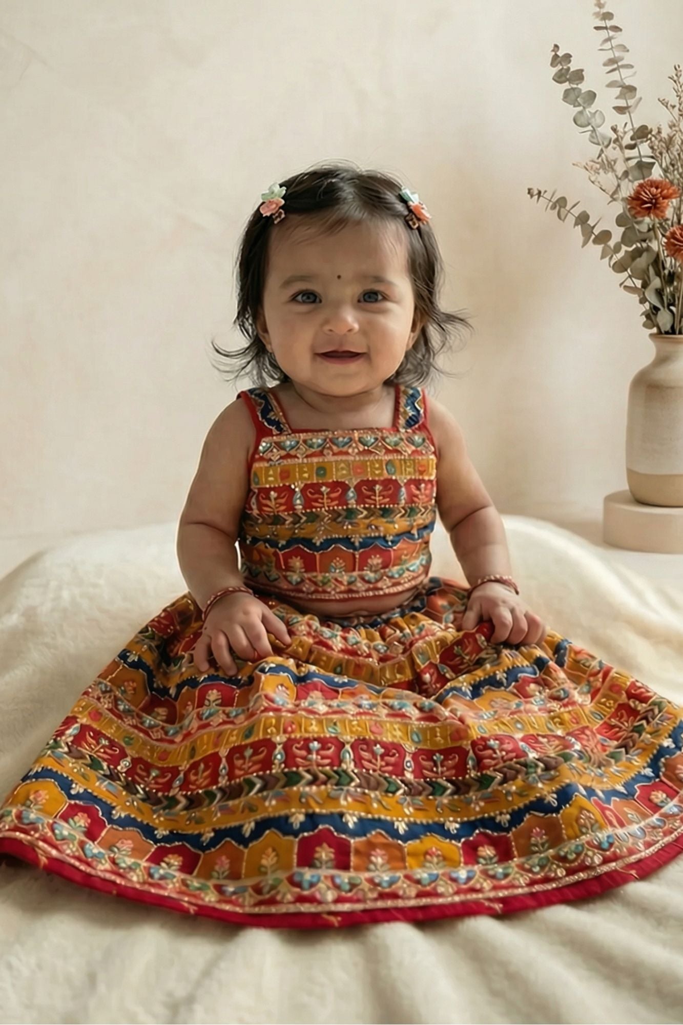 Yellow With Multicolor Printed Ethnic Lehenga Choli For Girls