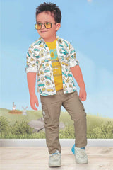 Cream Printed Shirt And Fawn Pant With T Shirt Set For Boys