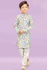 White Kurta With Multicolor Printed For Boys