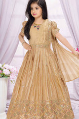 Golden Beige Sequins Embroidered Ethnic Gown with Dupatta for Girls
