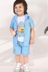 Blue Printed Shirt And Short With White T-Shirt Set For Boys