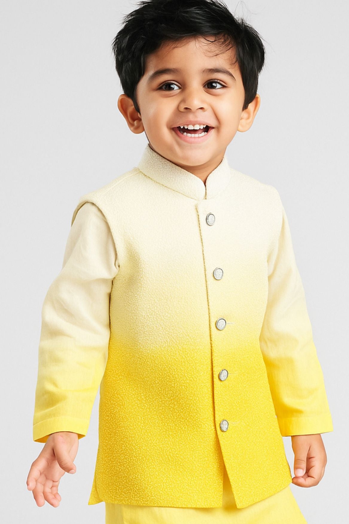 Yellow Ombre Kurta Set With Waist Coat For Boys