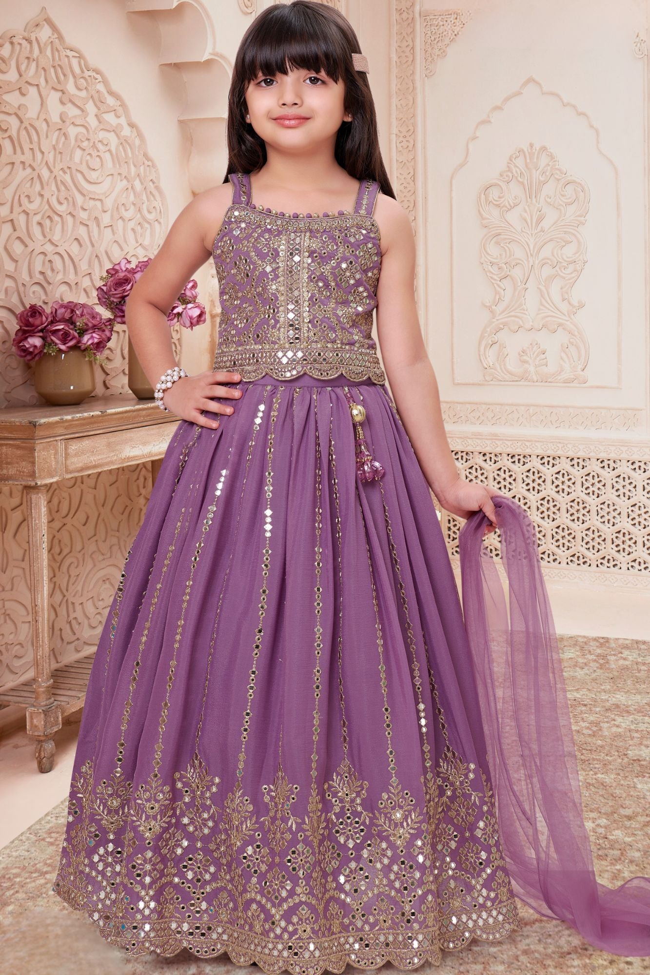 Girls Lavender Embroidered Lehenga Choli Set with Dupatta