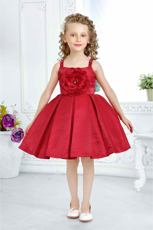 Red Frock With Floral Embellished For Girls