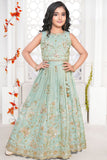 Mint Green Embroidered Lehenga Choli Set With Floral Detailing For Girls