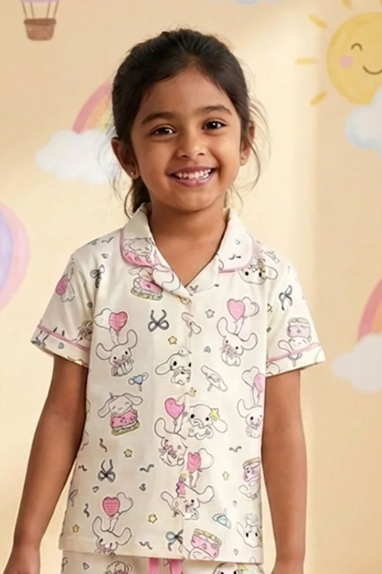 Girls Cream Bunny Print Night Suit Set