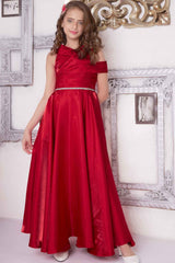 Designer Red Satin Asymmetric Gown For Girls