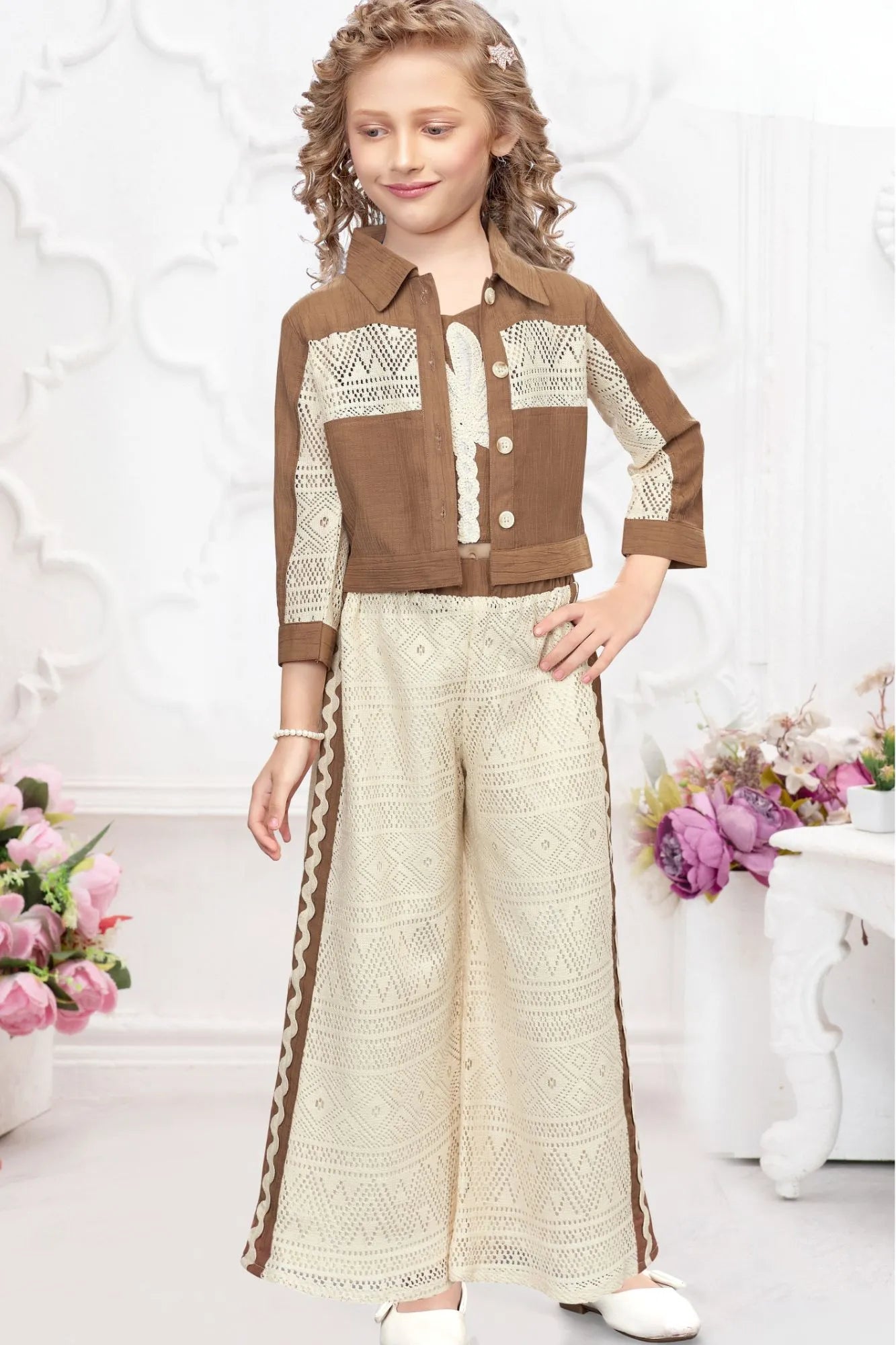 Brown And Cream Co-Ord Set with Lace Cropped Jacket For Girls