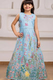 Blue Floral Embroidered Gown For Girls