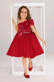 Cherry Red Party Frock With Sequin Bow And 3D Flower Detail For Girls
