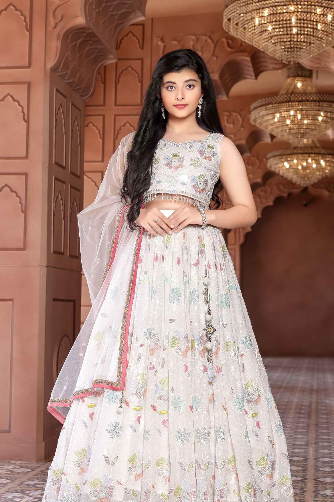 Elegant White Sequin Lehenga Choli Set With Dupatta For Girls - Lagorii Kids