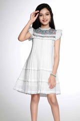 White Cotton Frock With Printed And Embroidered Yoke For Girls