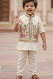 Cream Embroidered Kurta Set with Nehru Jacket For Boys