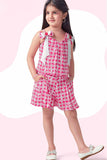 Trendy Pink Printed And Bow Embellished Top And Shorts Set For Girls