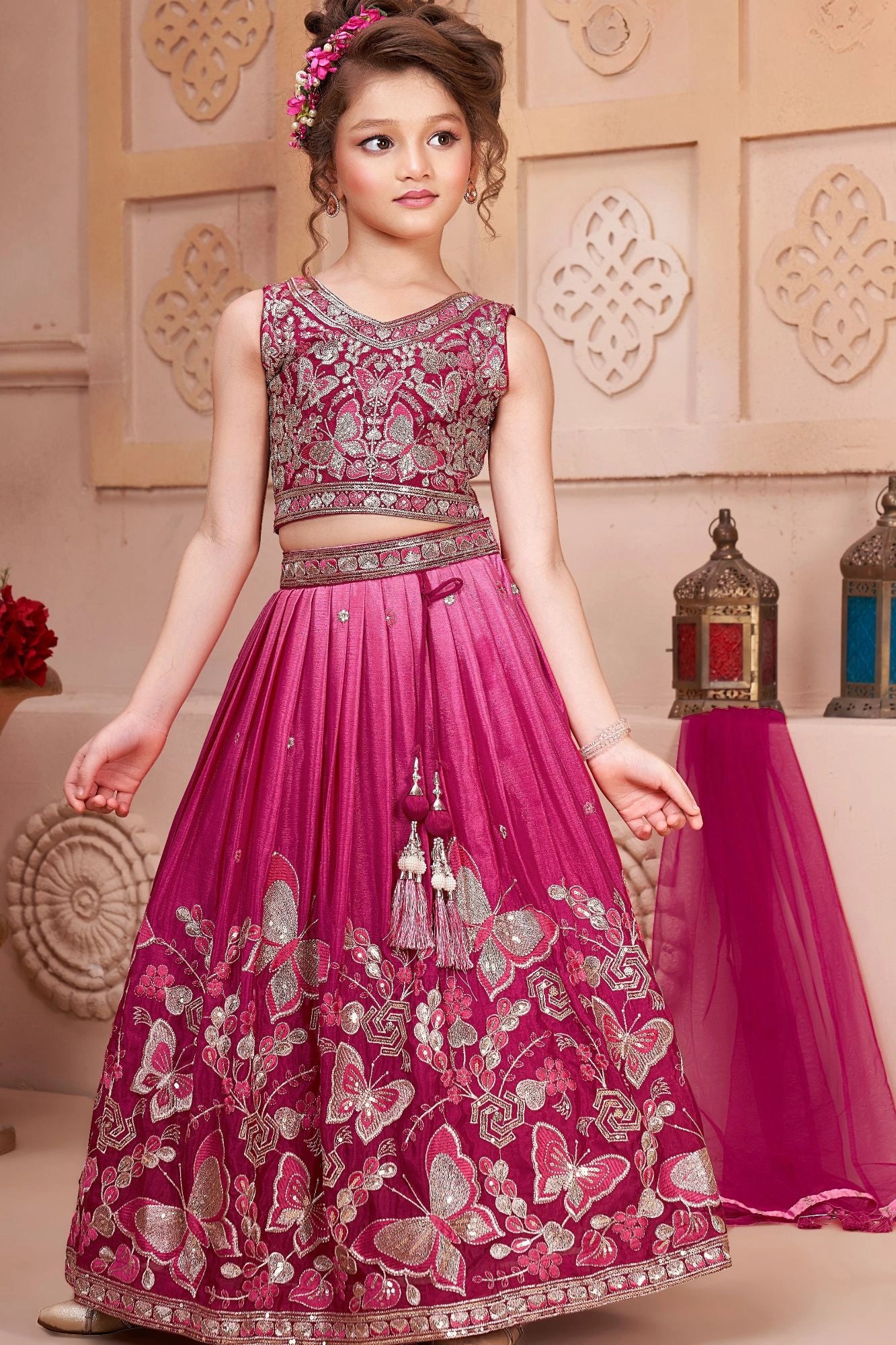 Rani Pink Butterfly Embroidered Lehenga Choli Set For Girls