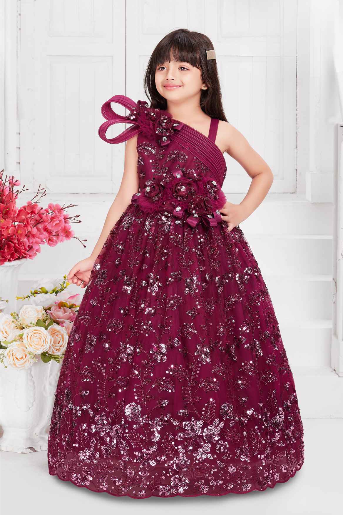 Elegant Wine Sequin Embroidered Gown With 3D Floral Appliqué For Girls