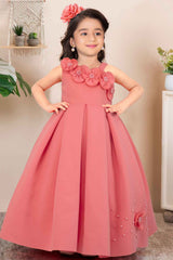 Peach Sleeveless With Floral Embellishment And Pearl Gown For Girls