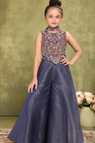 Dark Blue Sequins Work With Thread Embroidery For Palazzo Set For Girls