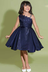 Stylish Shimmer Navy Blue Satin Frock For Girls